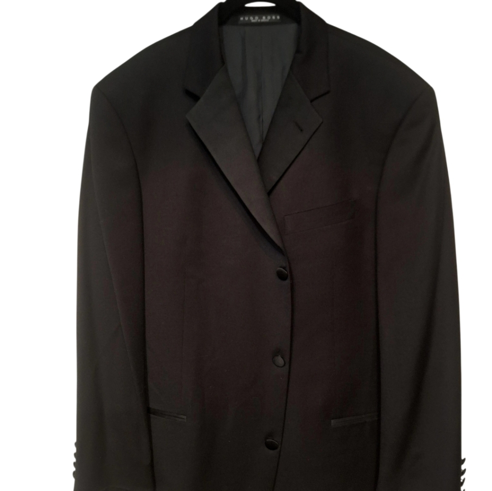 Hugo Boss Super 100 Black Wool Tuxedo Jacket 3 Button Satin Lapel Classic 46R